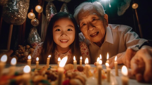 Generatywna sztuczna inteligencja Śliczna mała dziewczynka odbiera gratulacje od kochającego w domu dziadka starszej mamy