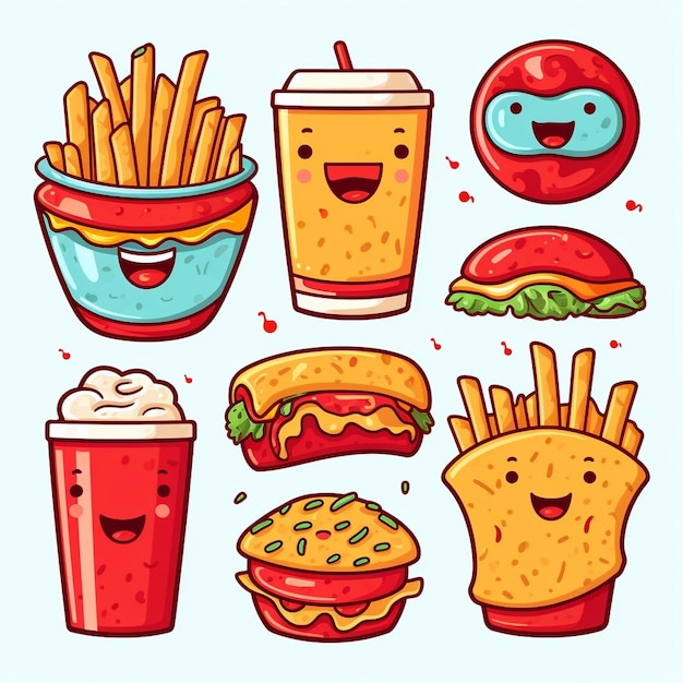 Generatywna sztuczna inteligencja słodkie śmieciowe jedzenie Fastfood zestaw kreskówek ilustracja kreskówka