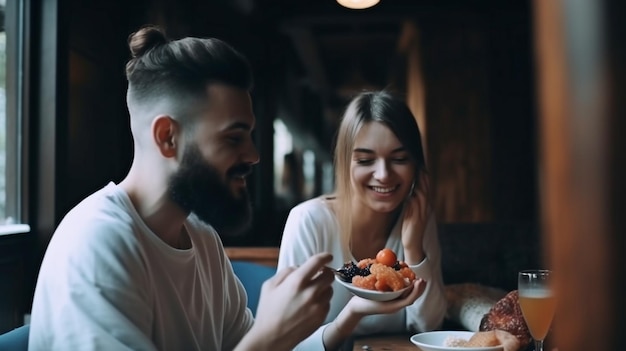 Generatywna sztuczna inteligencja szczęśliwa para jedząca śniadanie