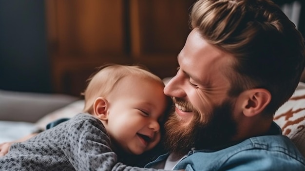 Generatywna sztuczna inteligencja szczęśliwego uśmiechniętego nowego ojca przytulającego wspaniałe niemowlę, które odpoczywa na plecach w łóżku