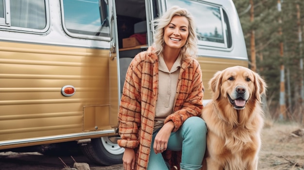 Generatywna sztuczna inteligencja szczęśliwej starszej gospodyni opiekującej się swoim golden retrieverem obok kampera