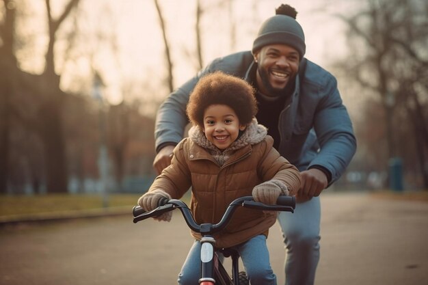 Generatywna sztuczna inteligencja Szczęśliwy ojciec rodziny uczy syna jeździć na rowerze w parku na łonie natury