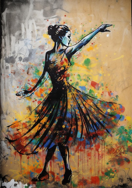 Generatywna sztuczna inteligencja Tańcząca kobieta lub dziewczyna dynamiczny ruch Atramentowa farba kolorowe plamy Street Graffiti art