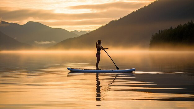 Generatywna sztuczna inteligencja z kobietą na paddleboardingu na spokojnym jeziorze