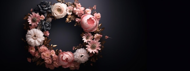Zdjęcie generatywna sztuczna inteligencja zbliż krąg kwitnących kwiatów z niesamowitych różowych kwiatów na ciemnym nastroju