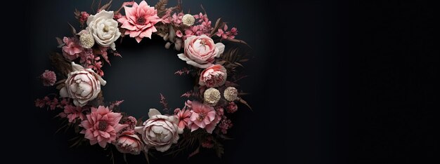 Zdjęcie generatywna sztuczna inteligencja zbliż krąg kwitnących kwiatów z niesamowitych różowych kwiatów na ciemnym nastroju