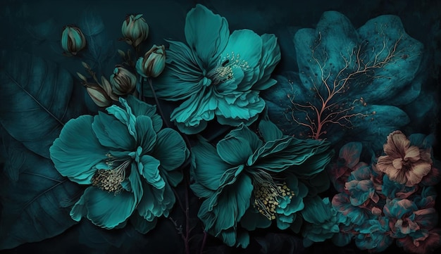 Generatywna sztuczna inteligencja Zbliżenie kwitnących kwietników z niesamowitymi turkusowymi kwiatami na ciemnym, nastrojowym tle