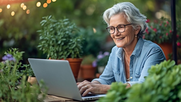 Generatywna sztuczna inteligencja ze szczęśliwą starszą kobietą pracującą na swoim laptopie na zewnątrz w ogrodzie