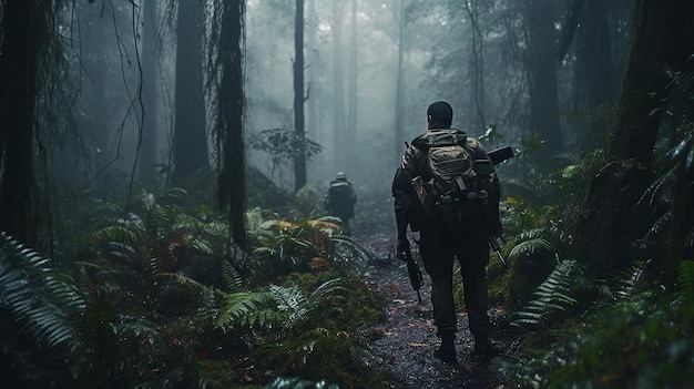 Generatywna sztuczna inteligencja zwiadowca wojskowy przemyka przez las w mundurze wojskowym