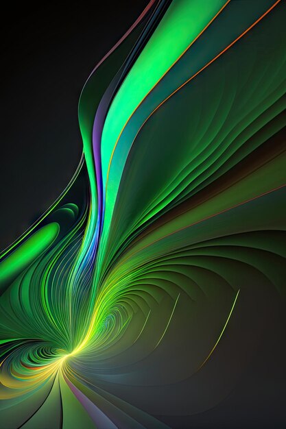 Generatywna sztuka fraktalna Abstrakcyjne, kolorowe, zielone, świecące kształty Cyfrowa tapeta z fraktalami