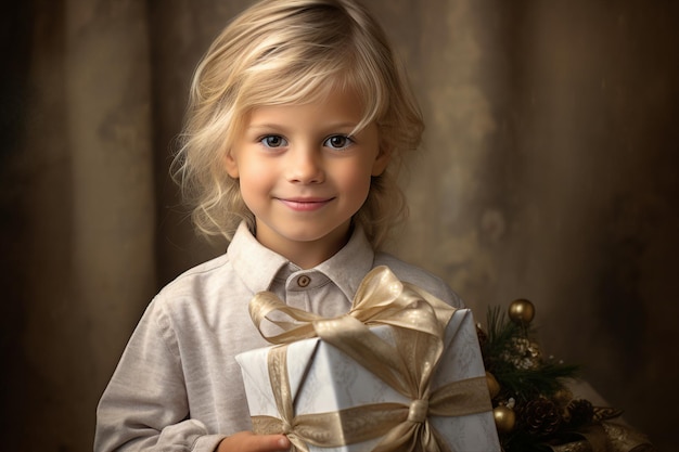 Generatywna technologia sztucznej inteligencji zdjęcie słodkiego chłopca trzyma prezent noworoczny magiczny czas