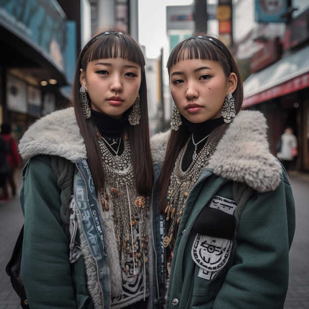 Generatywne ai azjatyckie bliźniaczki siostry rodzeństwo pozowanie na zewnątrz ulicy miasta
