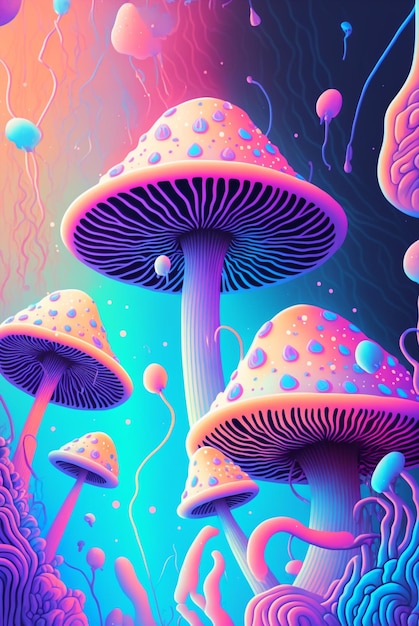 Generatywne ai magiczne grzyby psychodeliczna halucynacja opalizująca tęcza trippy grafika abstrakcyjna