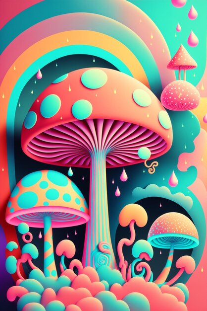 Generatywne ai magiczne grzyby psychodeliczna halucynacja opalizująca tęcza trippy grafika abstrakcyjna