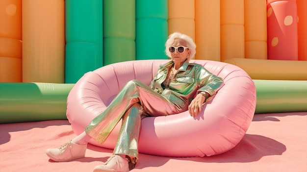 Generatywne ai modna starsza kobieta siedzi na krześle na świeżym powietrzu