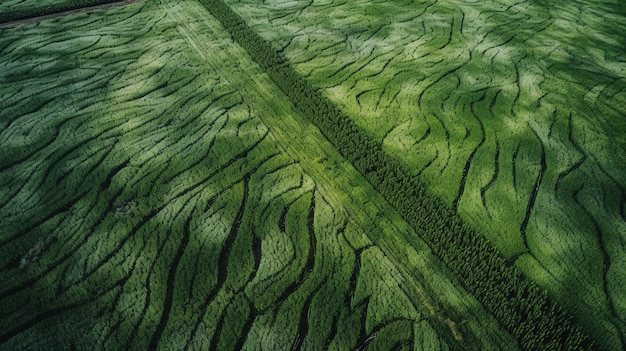 Generatywne AI pole zielonej trawy z wodą pokropioną fotografią drona z lotu ptaka