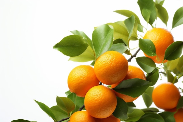 Generatywne AI Pomarańczowe owoce wiszące z gałęziami i zielonymi liśćmi izolowanymi na białym tle