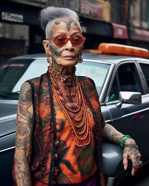 Generatywne ai stylowa starsza wytatuowana kobieta pozuje na zewnątrz ulic miasta