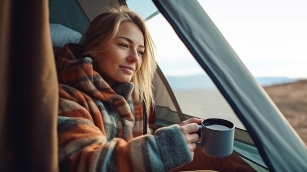 Generatywne AI zbliżenie kobiety biwakującej w namiocie popijającej gorącą kawę z termosu i cieszącej się świeżym powietrzem