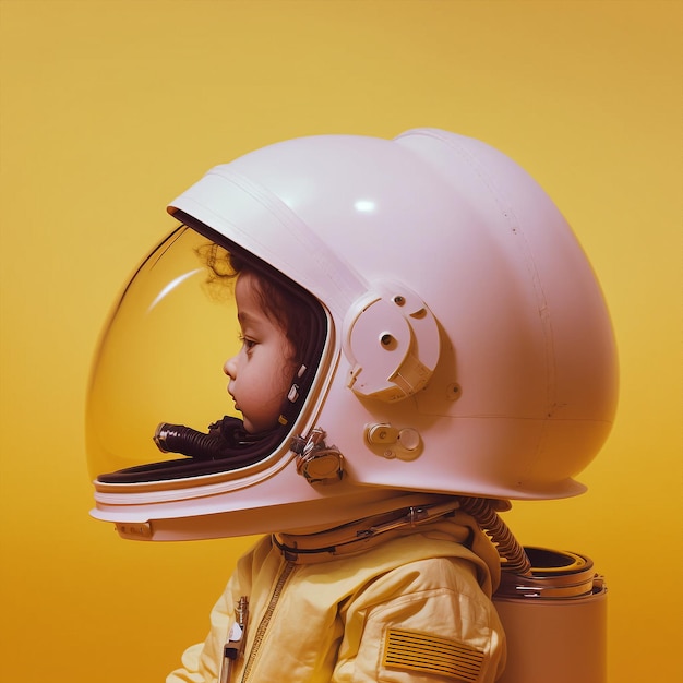 Generatywne dziecko ai udające astronautę bawiącego się w kosmicznym hełmie
