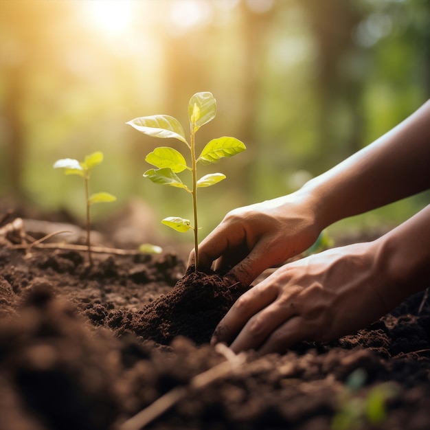 Generatywne ludzkie ręce sadzą młode drzewo podczas pracy w ogrodzie