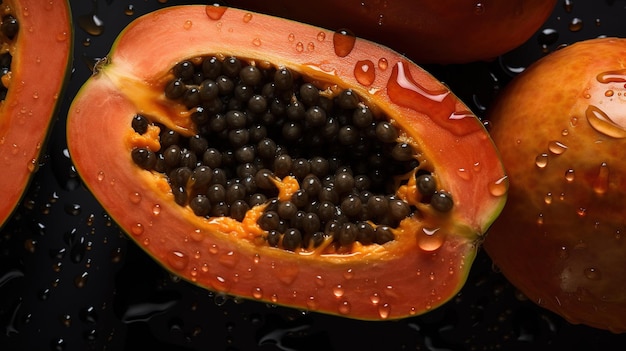 Generatywne makro AI Świeża połowa tła owoców papai Tropikalne egzotyczne zdjęcie przeznaczone do walki radioelektronicznej z kroplami
