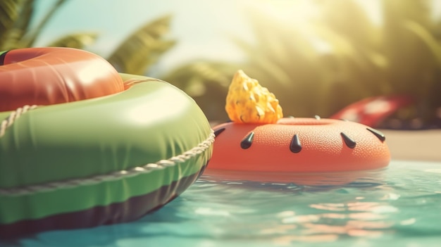 Generatywne pływaki AI w kształcie owoców unoszące się w morzu