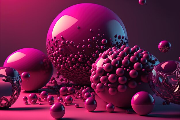 Generatywne postacie geometryczne sztucznej inteligencji kostka pływające kule i kulki w kolorze fioletowym błyszczący różowy płyn baner 3D efekt sceny nowoczesny makro fotorealistyczny abstrakcyjny ilustracja tła
