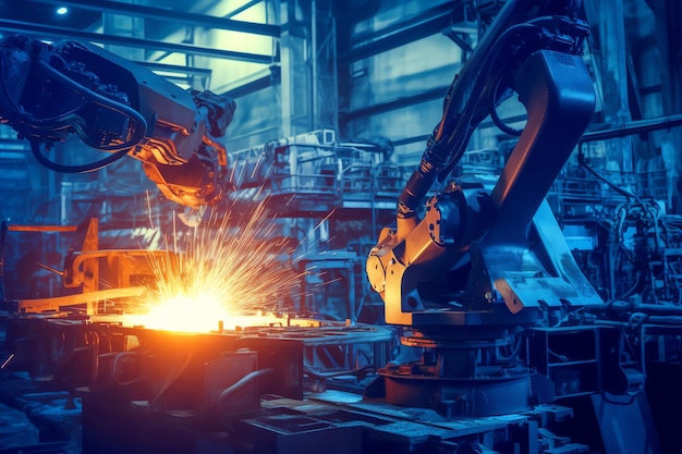 Generatywne sztuczna inteligencja Iskry wylewają głowicę maszyny do obróbki metalu laser metalu na zakładzie metalurgicznym ba