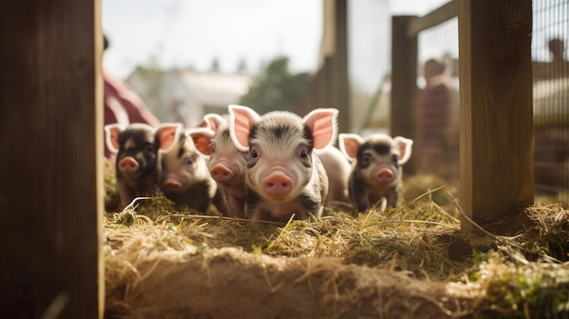 Zdjęcie generatywne sztuczna inteligencja małe świnki patrzące na kamerę na farmie