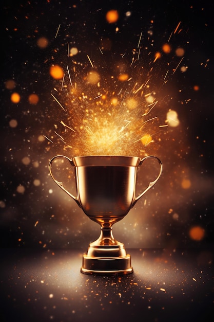 Zdjęcie generatywne trofeum zwycięzcy ai ze złotym pucharem mistrza płomieni ze spadającymi konfetti na ciemnym pionowym tlex9