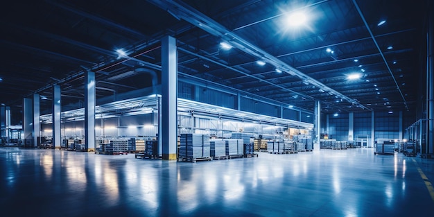 Zdjęcie generatywne wnętrze magazynu ai z przemysłem oświetleniowym led, centrum dystrybucji budynku detalicznego, część systemu przechowywania i wysyłki