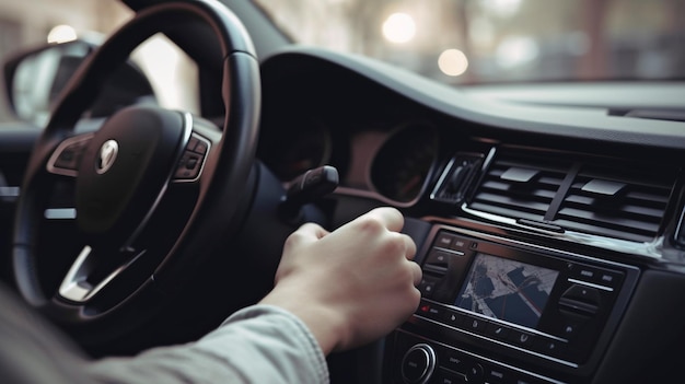 Generatywne zdjęcie przycięte sztuczną inteligencją pokazuje mężczyznę korzystającego z GPS na smartfonie podczas jazdy