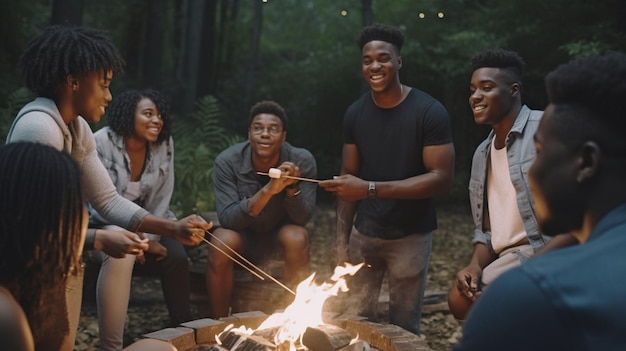 Generatywni czarni przyjaciele AI pieczą pianki i jedzą s'mores