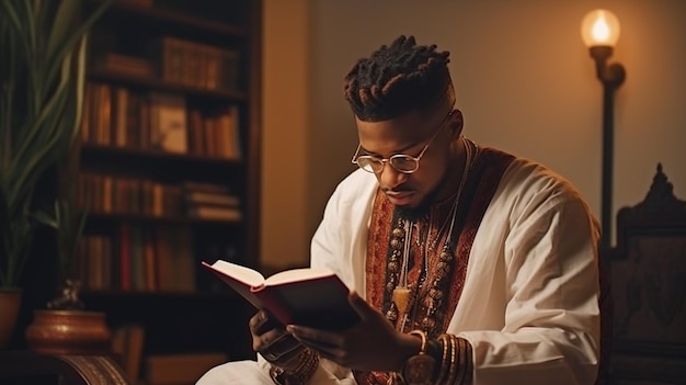 Generatywny AI Afrykański mężczyzna w etnicznych strojach czytający Biblię Świętą w salonie