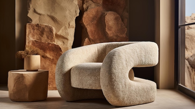 Generatywny AI Biały przytulny miękki fotel Projekt wnętrza salonu ciepły minimalizm wabi sabi styl