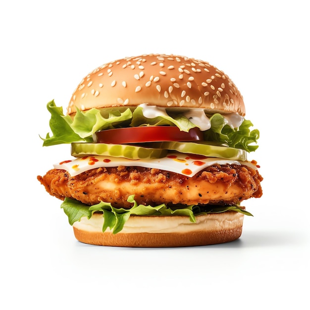 Generatywny AI Czysty Burger z kurczakiem na białym tle Nieodwracalna rozkosz w każdym ugryzieniu
