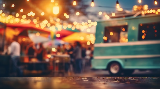 Generatywny AI Food truck festiwal uliczny rozmyte światła tło atmosferyczne bokeh tłumione kolory