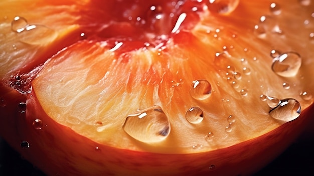 Generatywny AI jasny plasterek soczystej dojrzałej brzoskwini i kropli wody makro letnich owoców