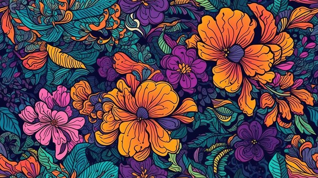 Generatywny AI Kwiatowy kolorowy bezszwowy wzór Lisa Frank i James Jean zainspirowali naturalne rośliny i kwiaty tło Ilustracja psychedeliczna Ozdoba liści