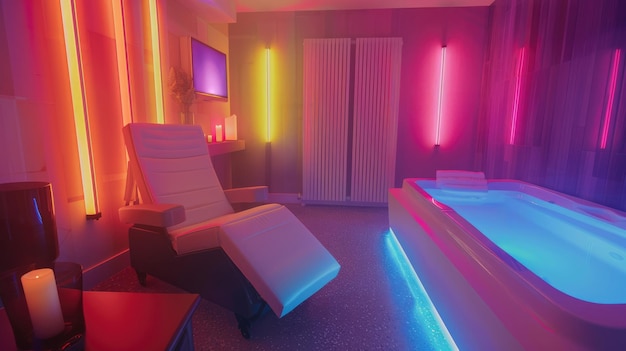 Zdjęcie generatywny ai lounge spa salon w kolorach neonowych chromoterapia relaks wewnętrzny