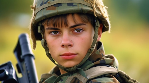 Generatywny AI młody żołnierz z pistoletem