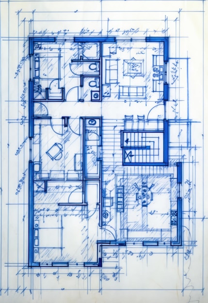 Generatywny AI Niebieski druk plan podłogi tło architektoniczne rysunek techniczny format pionowy