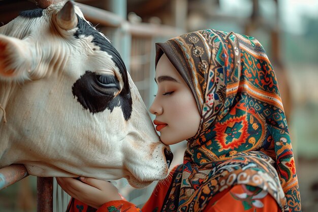 Generatywny AI obraz azjatyckiej kobiety całującej głowę krowy w ogrodzie na święto Eid Al Adha