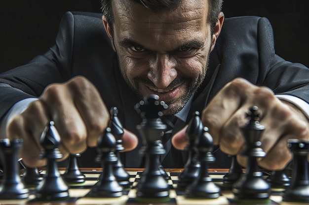 Zdjęcie generatywny ai obraz biznesmena poruszającego figurki szachowe na pokładzie z uśmiechniętą twarzą
