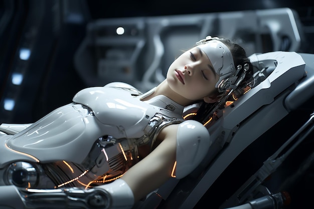Generatywny AI Obraz futurystycznej kobiety cyborga-robota śpiącego w pokoju laboratoryjnym