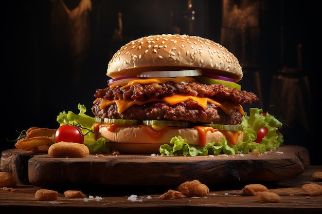 Generatywny AI obraz wołowego hamburgera wygląda pysznie na śniadanie na drewnianym stole