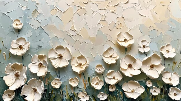 Generatywny AI Olej teksturowany 3d malarstwo wiosennych kwiatów na płótnie Piękny abstrakcyjny biały i beig