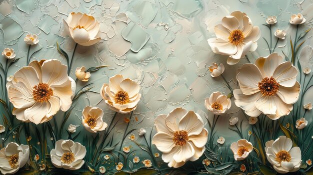 Generatywny AI Olej teksturowany 3d malarstwo wiosennych kwiatów na płótnie Piękny abstrakcyjny biały i beig