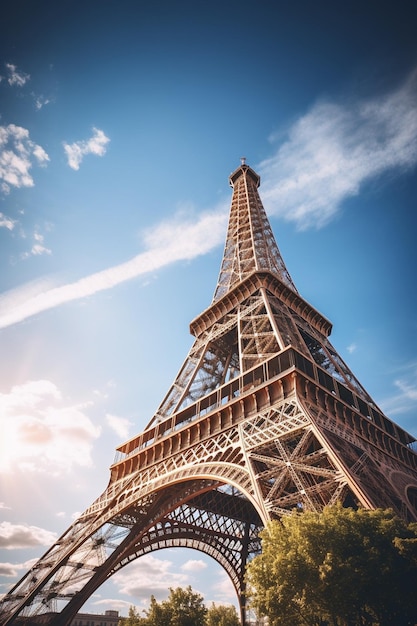 Zdjęcie generatywny ai poranny widok na wieżę eiffla od dołu paryż francja